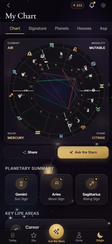 StarBind natal chart hero screen